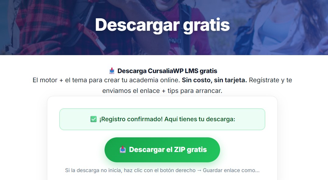 Registro confirmado: botón para descargar el ZIP