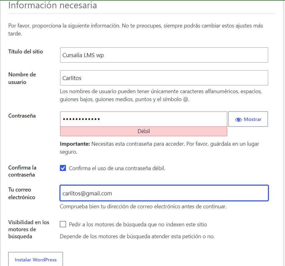 Completa los datos de tu sitio